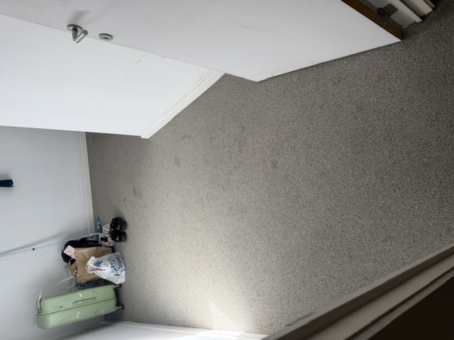 Vloer van een tweede ruimte na de schoonmaak, met een open witte deur